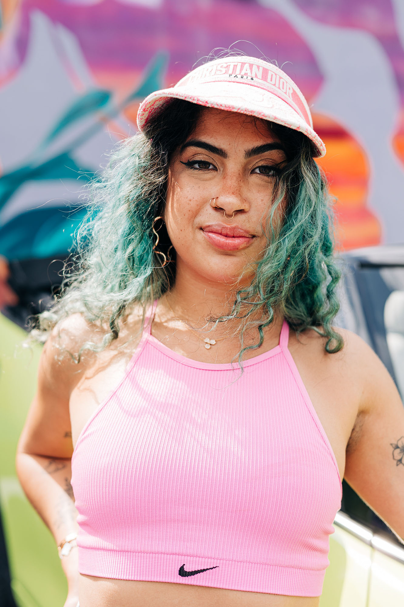 miami photoshoot at wynwood walls with colorful mural and lime green mini cooper car and fashion model barbie theme photoshoot 