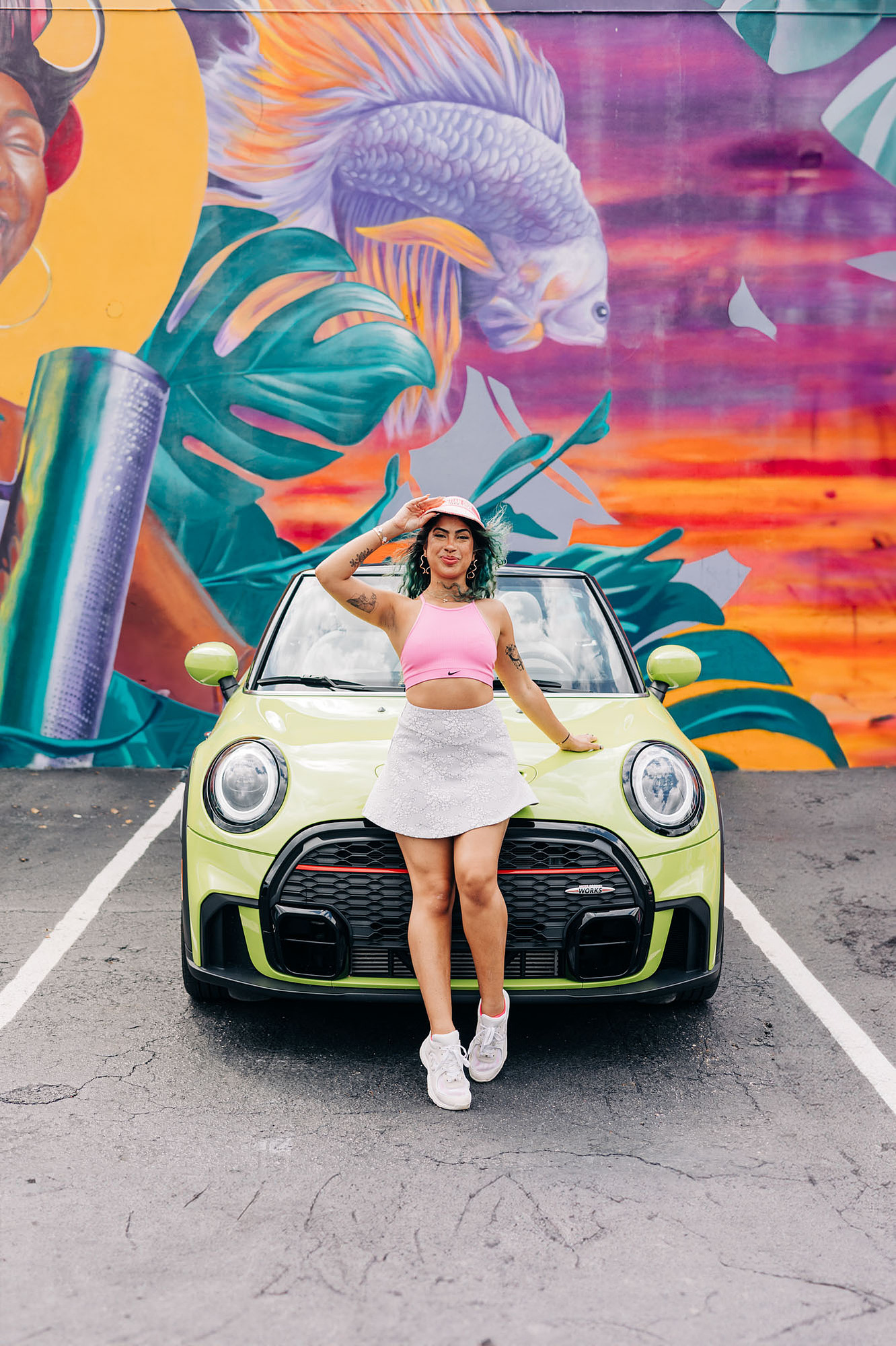 miami photoshoot at wynwood walls with colorful mural and lime green mini cooper car and fashion model barbie theme photoshoot 
