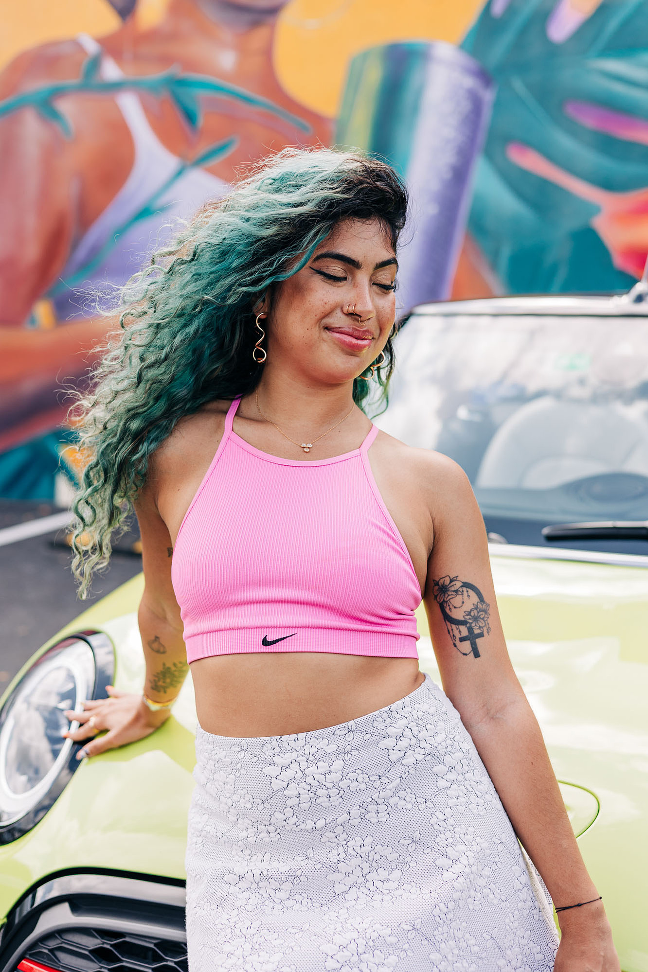 miami photoshoot at wynwood walls with colorful mural and lime green mini cooper car and fashion model barbie theme photoshoot 