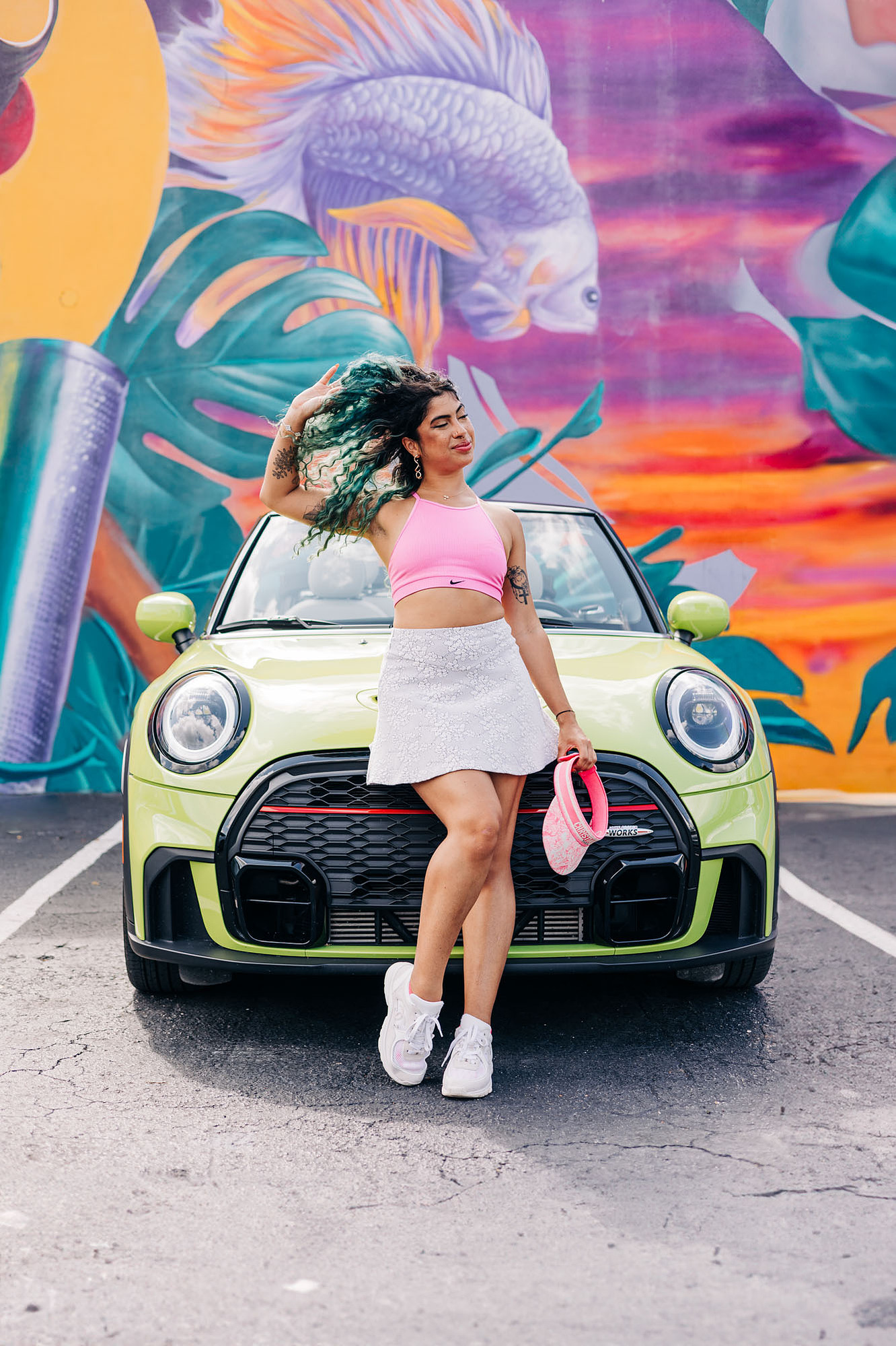 miami photoshoot at wynwood walls with colorful mural and lime green mini cooper car and fashion model barbie theme photoshoot 