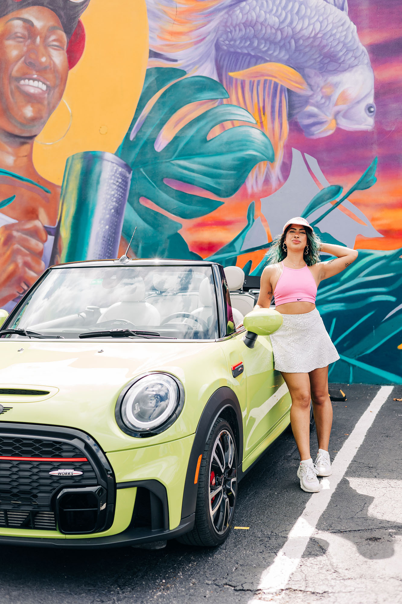 miami photoshoot at wynwood walls with colorful mural and lime green mini cooper car and fashion model barbie theme photoshoot 