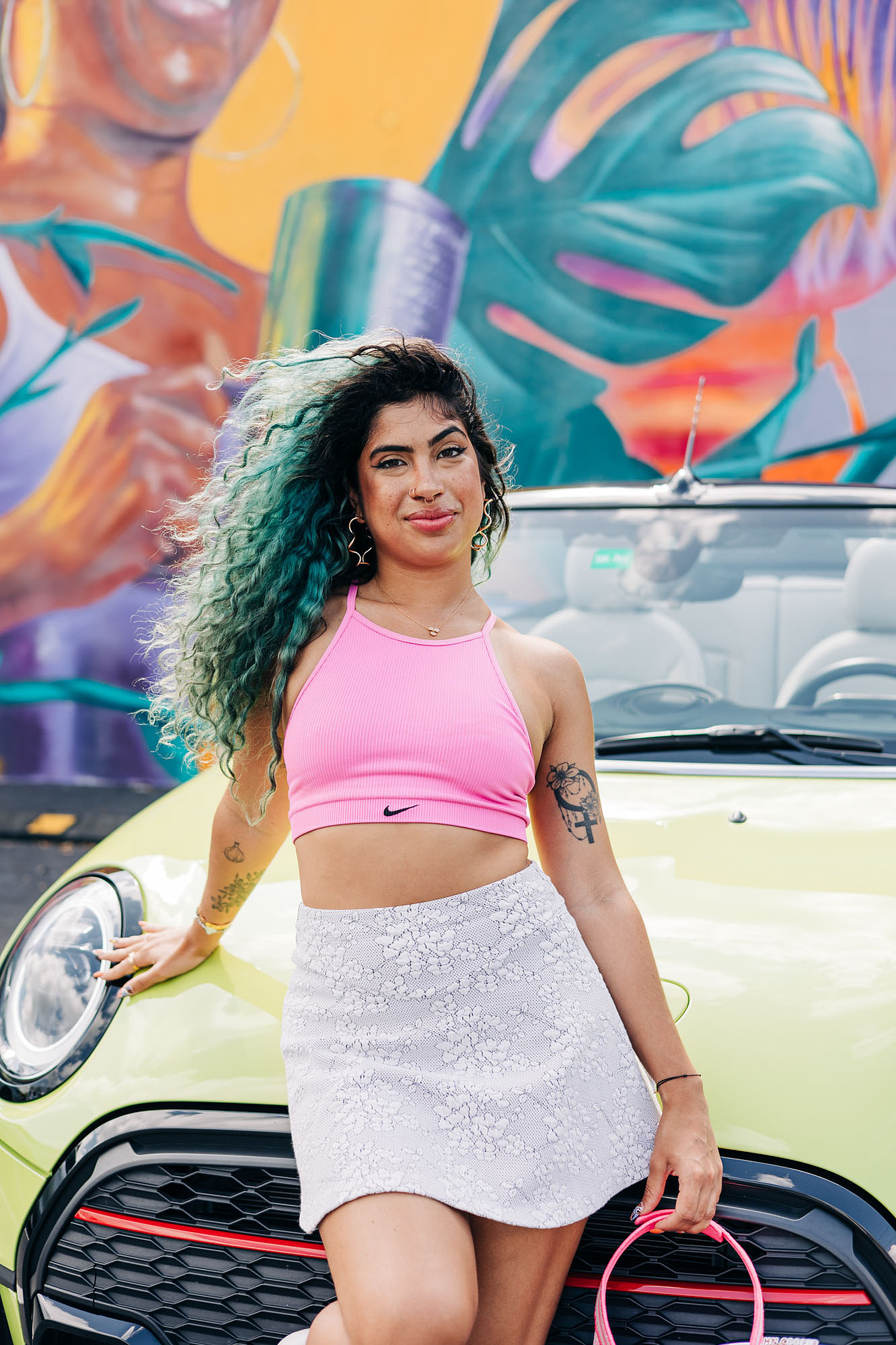 miami photoshoot at wynwood walls with colorful mural and lime green mini cooper car and fashion model barbie theme photoshoot 