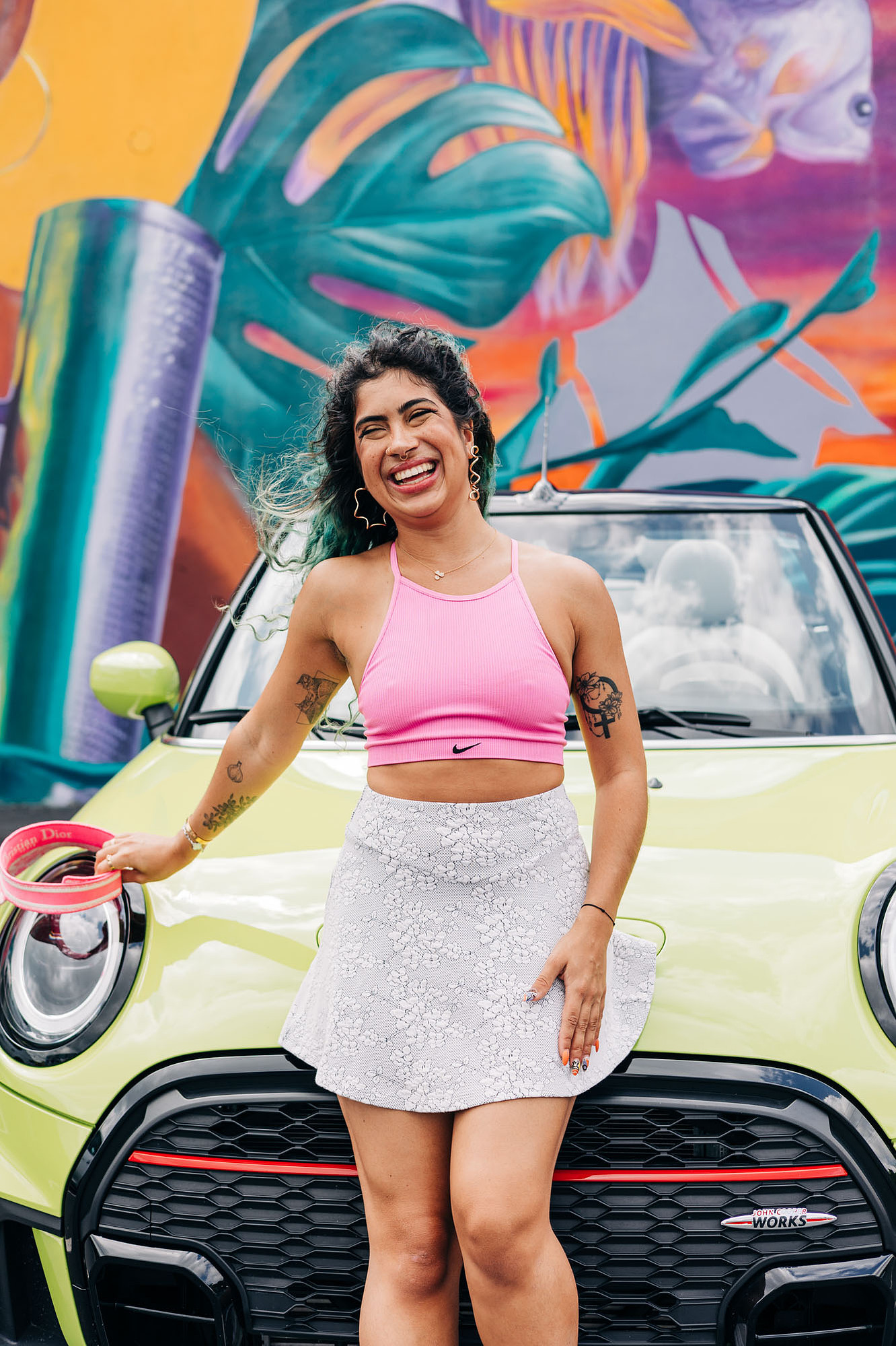 miami photoshoot at wynwood walls with colorful mural and lime green mini cooper car and fashion model barbie theme photoshoot 