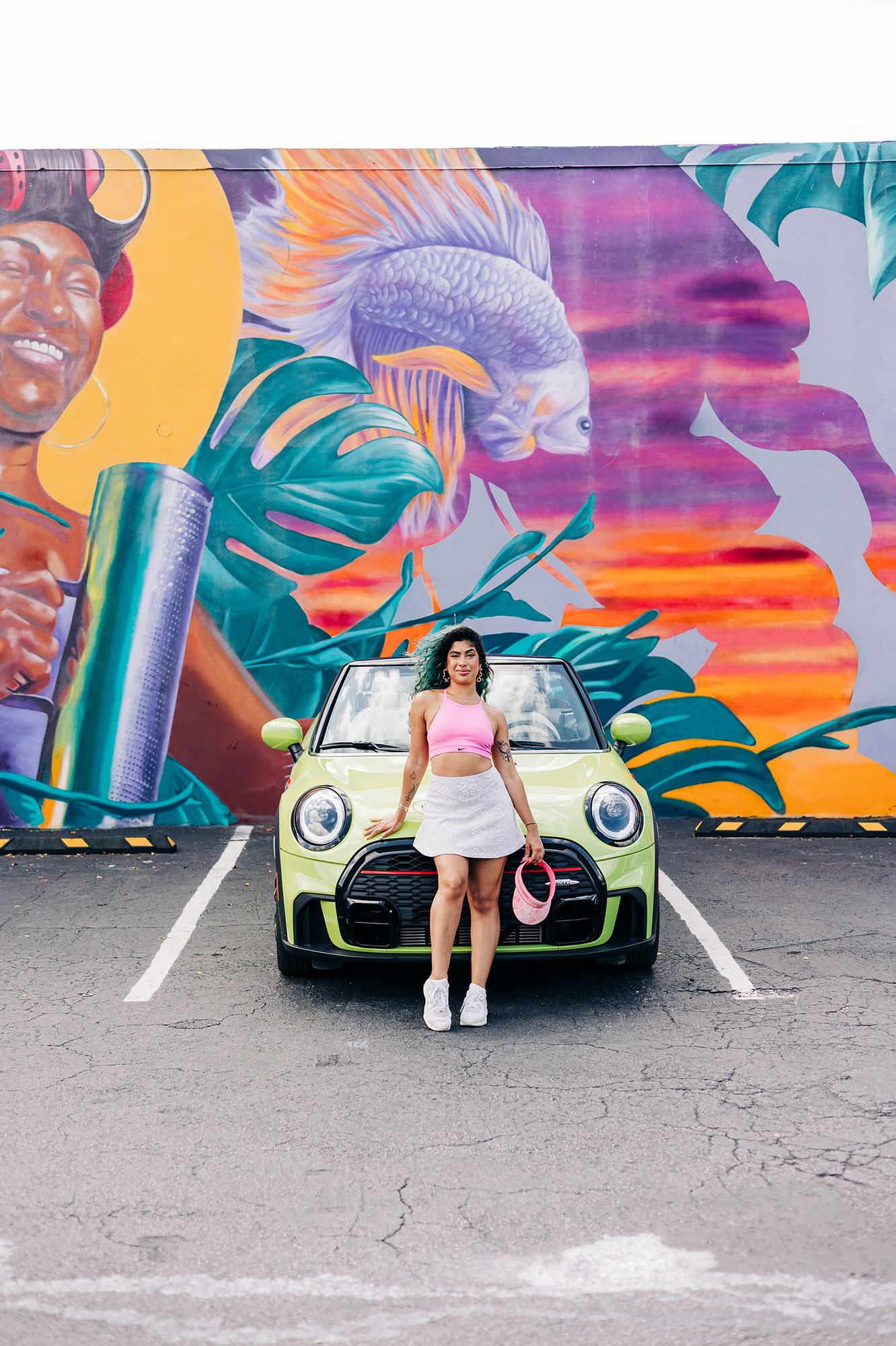 miami photoshoot at wynwood walls with colorful mural and lime green mini cooper car and fashion model barbie theme photoshoot 