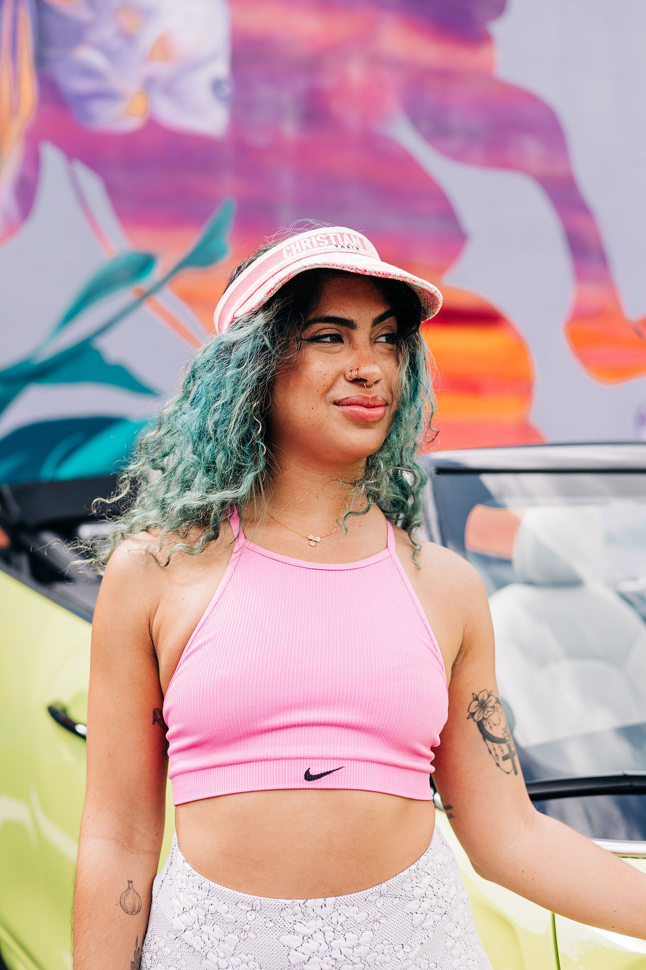 miami photoshoot at wynwood walls with colorful mural and lime green mini cooper car and fashion model barbie theme photoshoot 