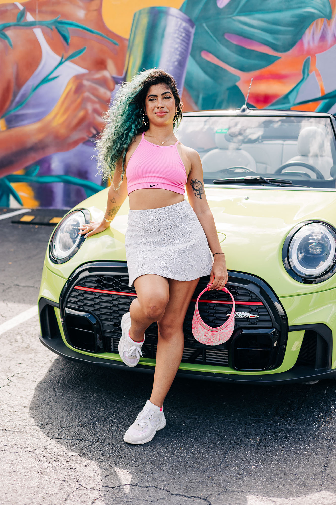 miami photoshoot at wynwood walls with colorful mural and lime green mini cooper car and fashion model barbie theme photoshoot 