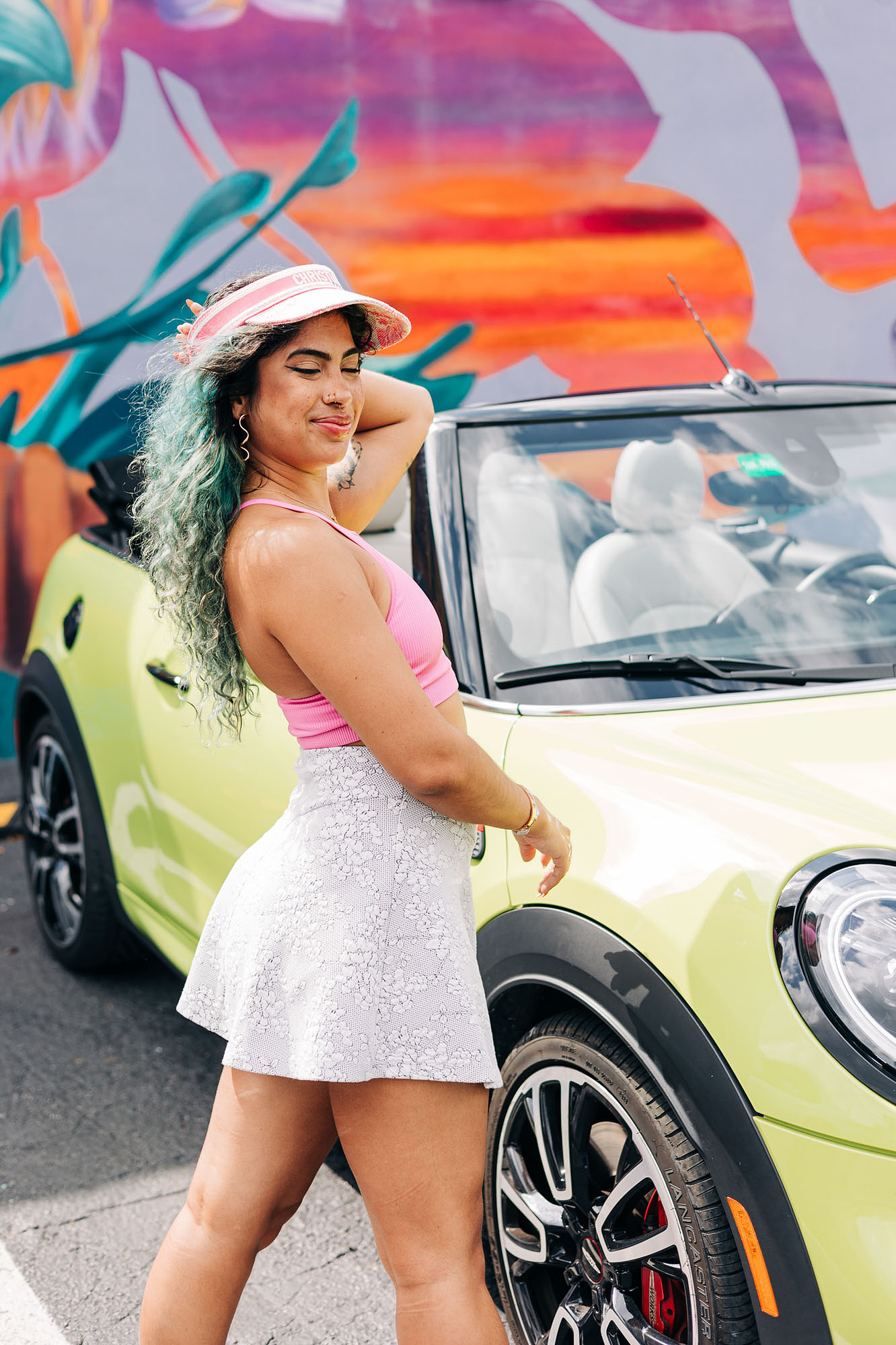 miami photoshoot at wynwood walls with colorful mural and lime green mini cooper car and fashion model barbie theme photoshoot 