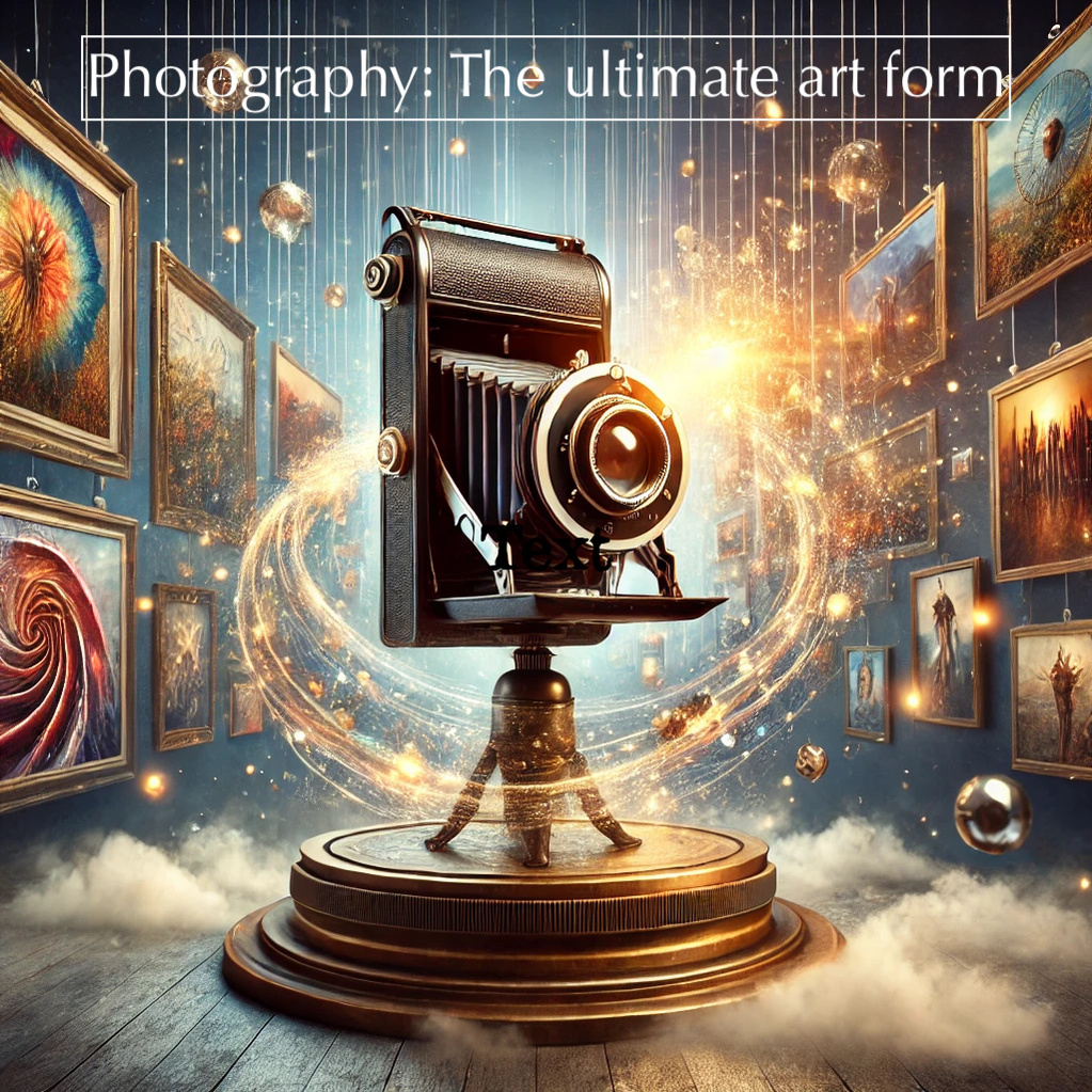 Image glorifying photography as the ultimate art form, highlighting a camera in the center of a scene surrounded by framed works of art.
