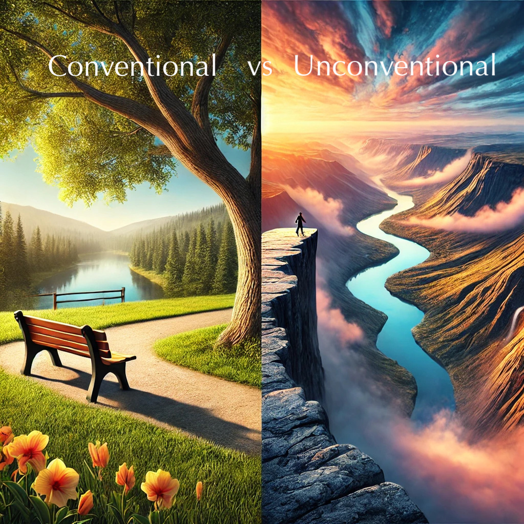 Image contrasting conventional vs unconventional vantage points.