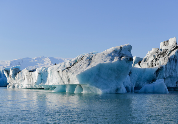 Jökulsárlón Glacier Lagoon. Blocks of ice break off Breiðamerkurjökull, a glacier on the south side of Vatnajökull. Blocks of ice, in various shapes and sizes, can be seen floating on the lagoon: the lagoon is 250 meters deep, the deepest lake in Iceland.