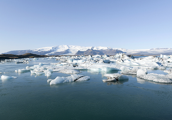 Jökulsárlón Glacier Lagoon. Blocks of ice break off Breiðamerkurjökull, a glacier on the south side of Vatnajökull. Blocks of ice, in various shapes and sizes, can be seen floating on the lagoon: the lagoon is 250 meters deep, the deepest lake in Iceland.