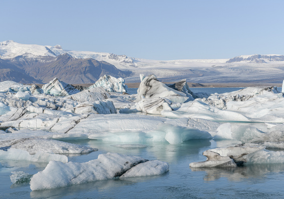 Jökulsárlón Glacier Lagoon. Blocks of ice break off Breiðamerkurjökull, a glacier on the south side of Vatnajökull. Blocks of ice, in various shapes and sizes, can be seen floating on the lagoon: the lagoon is 250 meters deep, the deepest lake in Iceland.