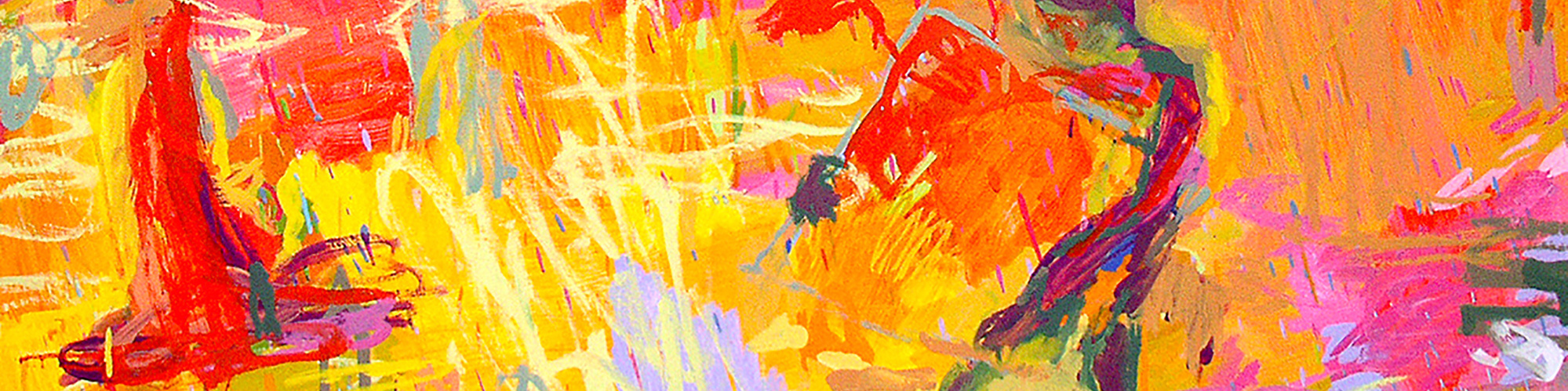 Street workers in fire and water moving lexicon signs with a danger cone. Colors fluorescent red, yellow, pink, oil on canvas. Axon MacCrady, Lady MacCrady, Lexi Axon