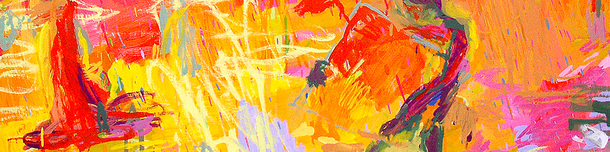 Street workers in fire and water moving lexicon signs with a danger cone. Colors fluorescent red, yellow, pink, oil on canvas. Axon MacCrady, Lady MacCrady, Lexi Axon
