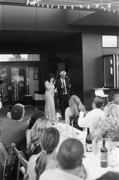 Mother of the groom crying during her toasts to the couple at his wedding in Oregon