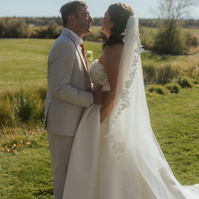 photo of bride and groom first look at Brasada Ranch Trestle Pond in Bend 