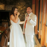 Bride and groom sipping champagne at Brasada Ranch wedding