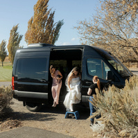Photo of bride getting out of van for her first look at the Trestle Pond at Brasada Ranch