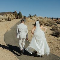 Bride and groom walking around Brasada Ranch during their bend oregon wedding