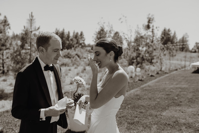 Bride is laughing during vow reading 
