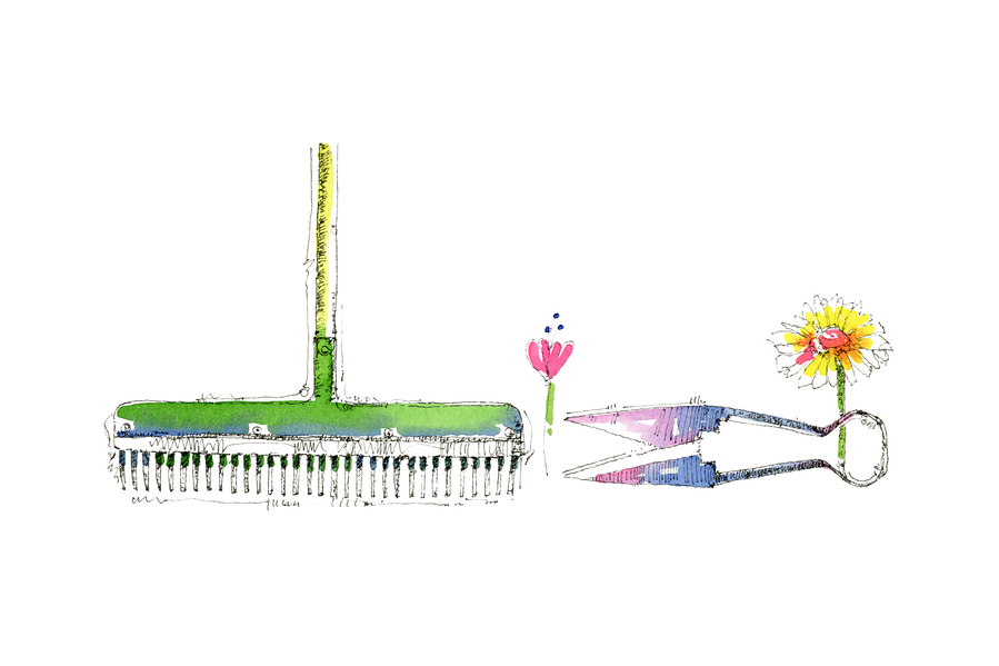 Watercolor print of garden tools by Jerry Kalback Illustration