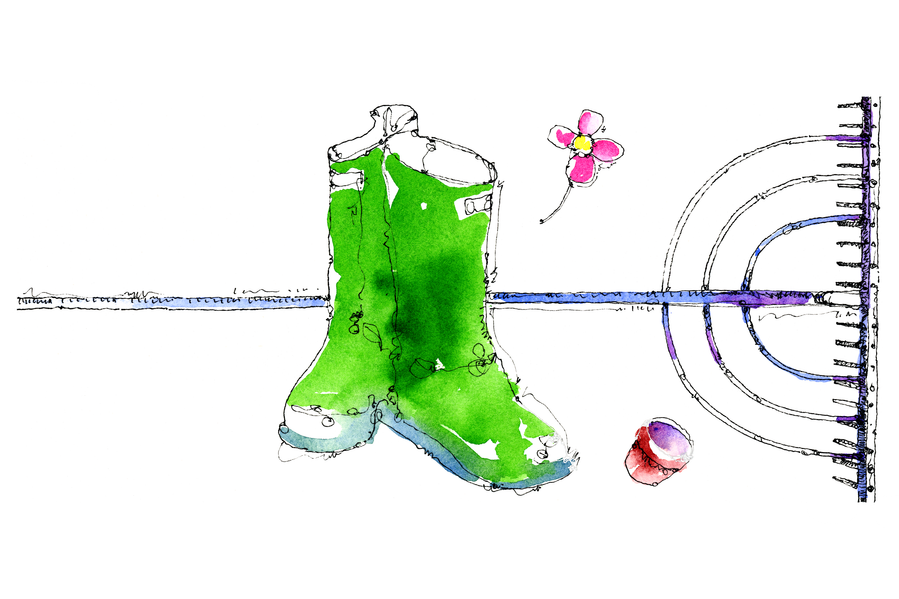 Watercolor print of garden boots by Jerry Kalback Illustration