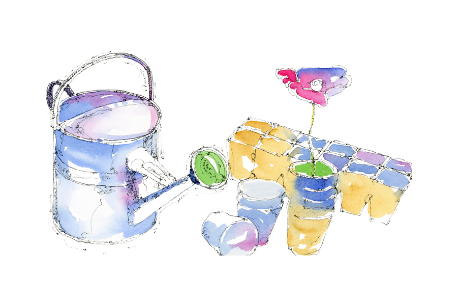 Watercolor illustration of watering can by Jerry Kalback Illustration