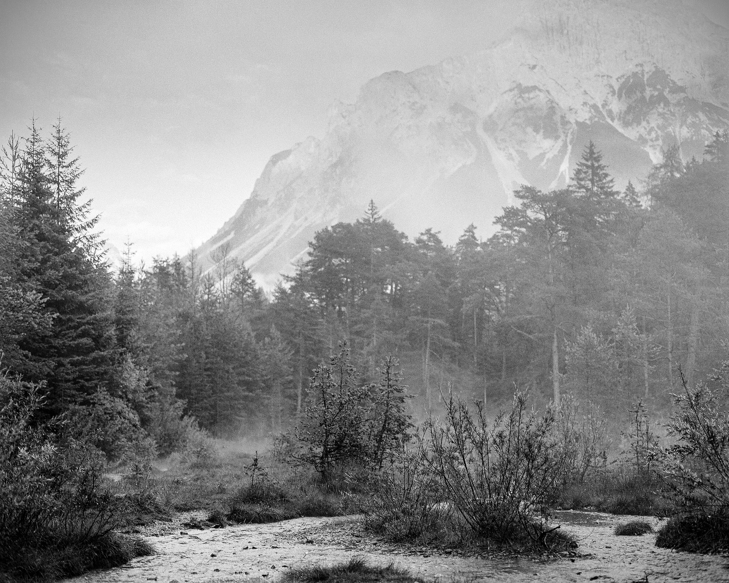 Black and white medium format photo near the Liosachquelle in Austria.The mist wafts hangs the river and the mountain Sonnenspitze can be seen in the background. Shot on Ilford Kentmere 100.