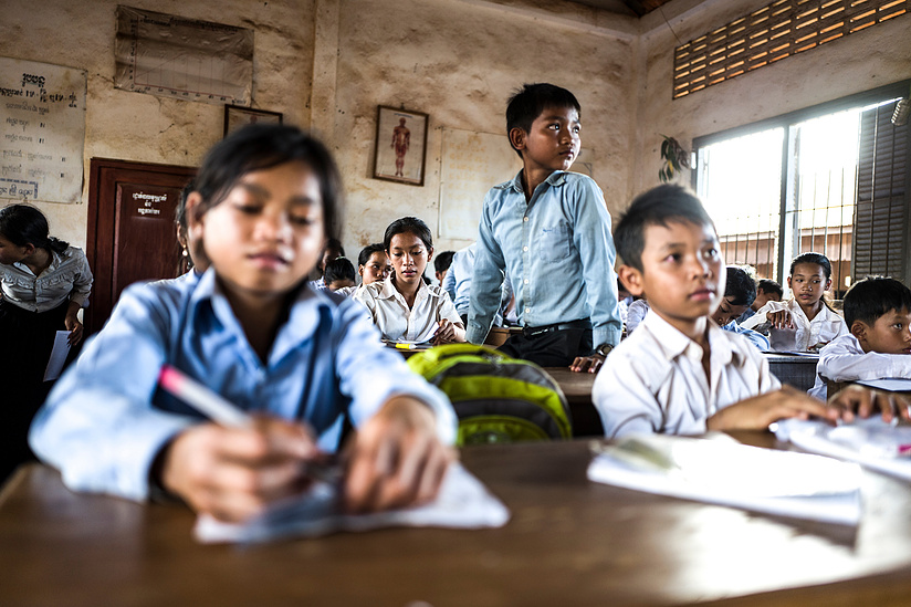 Students in class at Borkeo Lower secondary school -Laminh commune - Borkeo district, Ratanakiri Province Cambodia. The school offers a boarding facility for children who's families live in rural communities making access to school difficult.