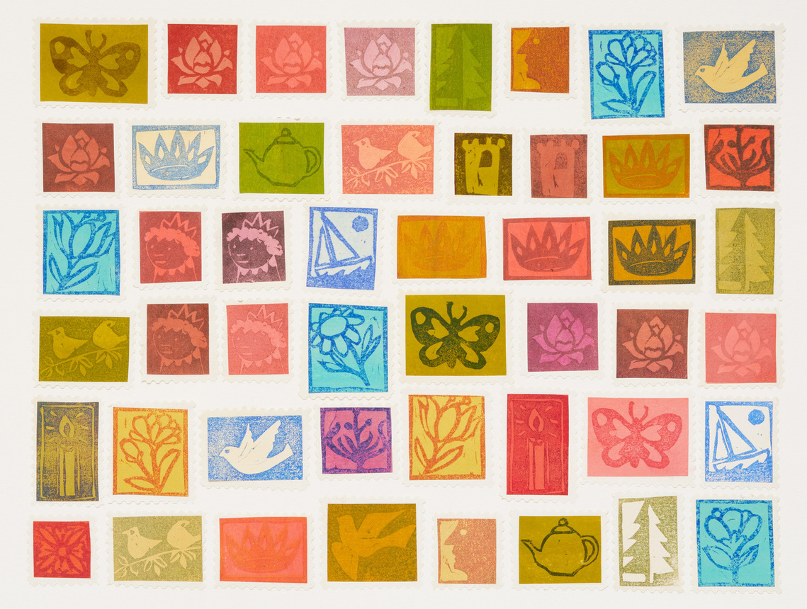 Hand printed postage stamps for The Little Green Envelope by Gillian Sze and Claudine Crangle published by Groundwood Books, 2023