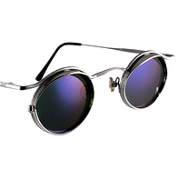 small silver oval sunglasses with blue mirror lenses