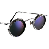 small silver oval sunglasses with blue mirror lenses