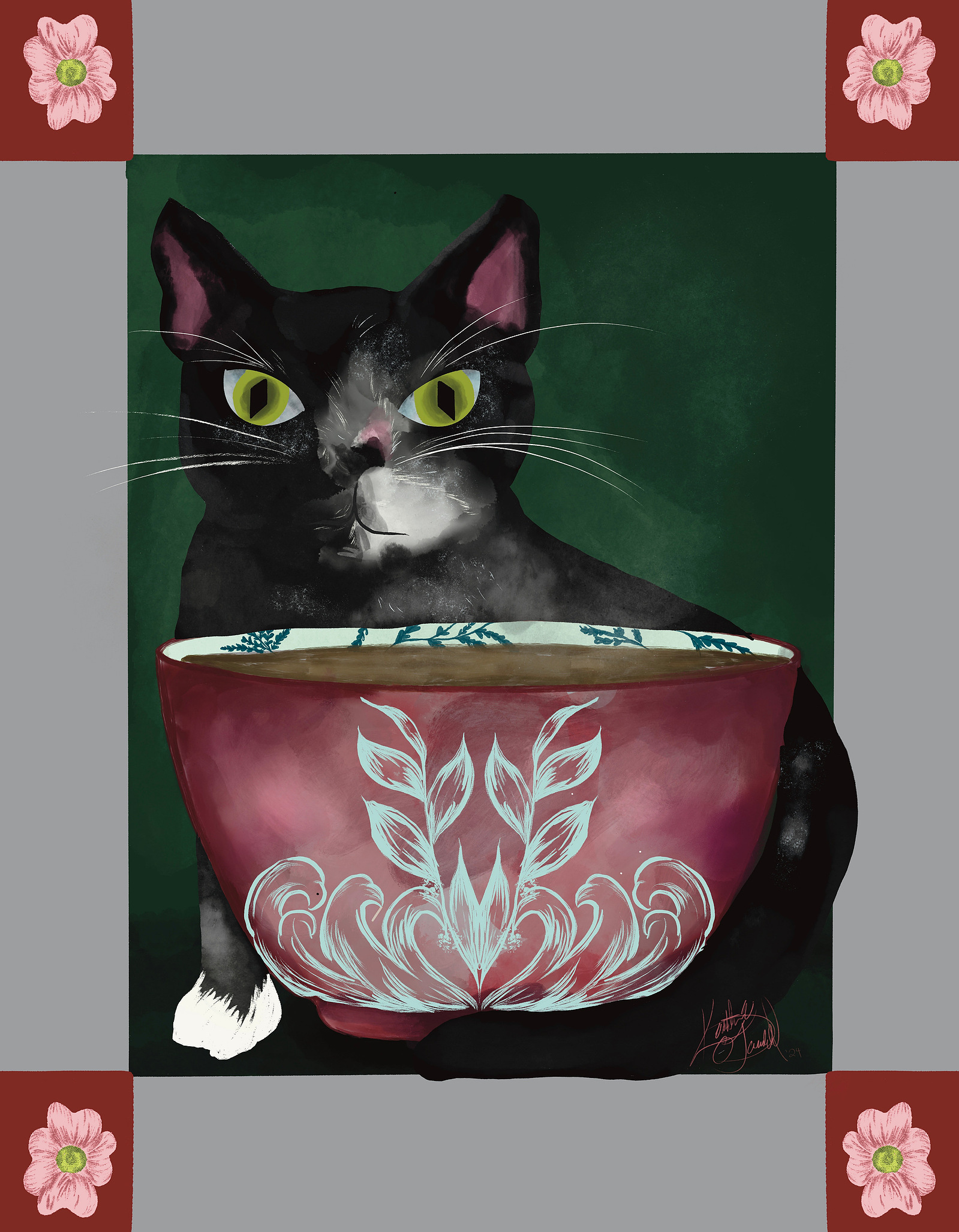 Female tuxedo cat with a bowl of soup
