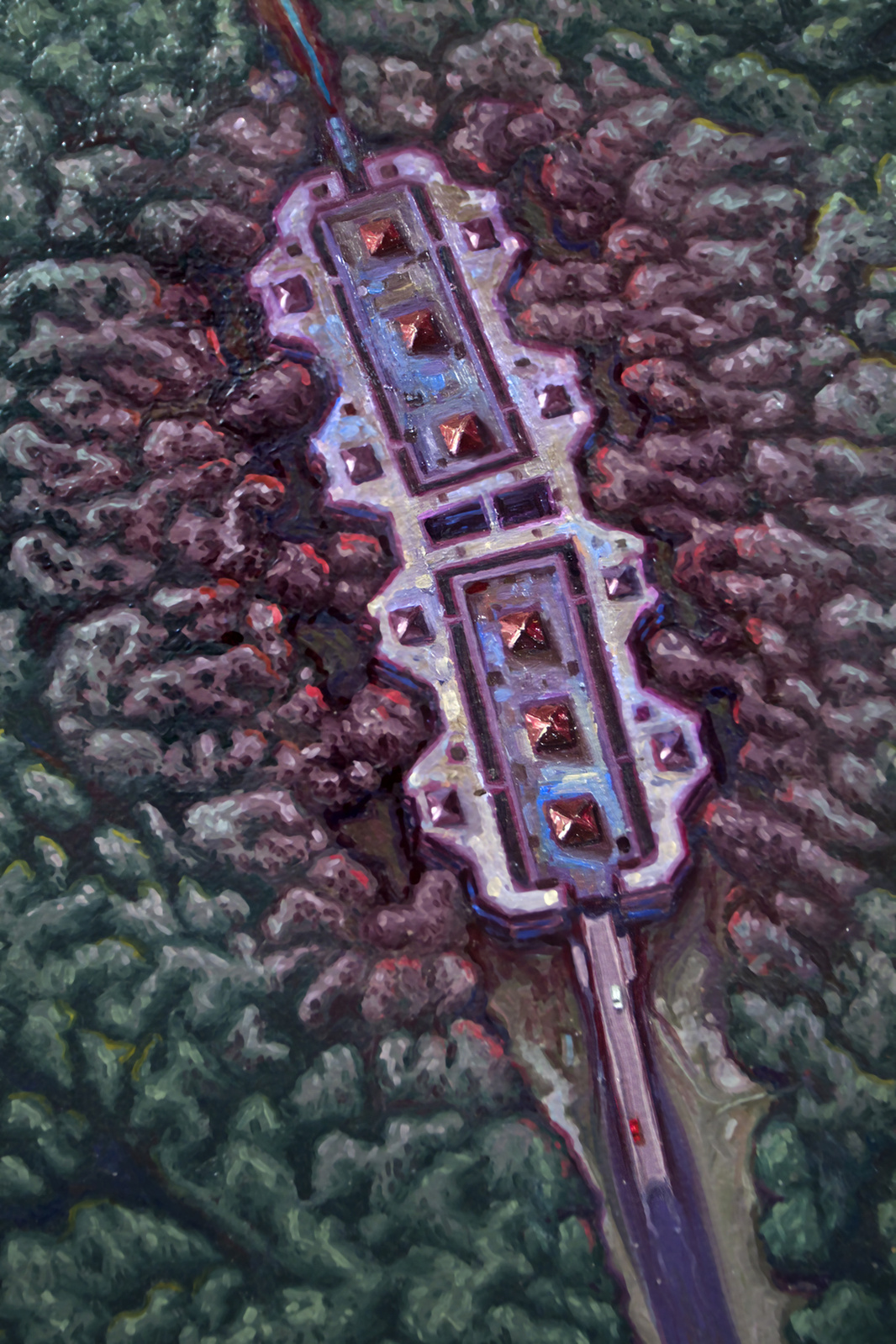 Aerial view of a factory as a biological, microscopic life form in a dense woodland