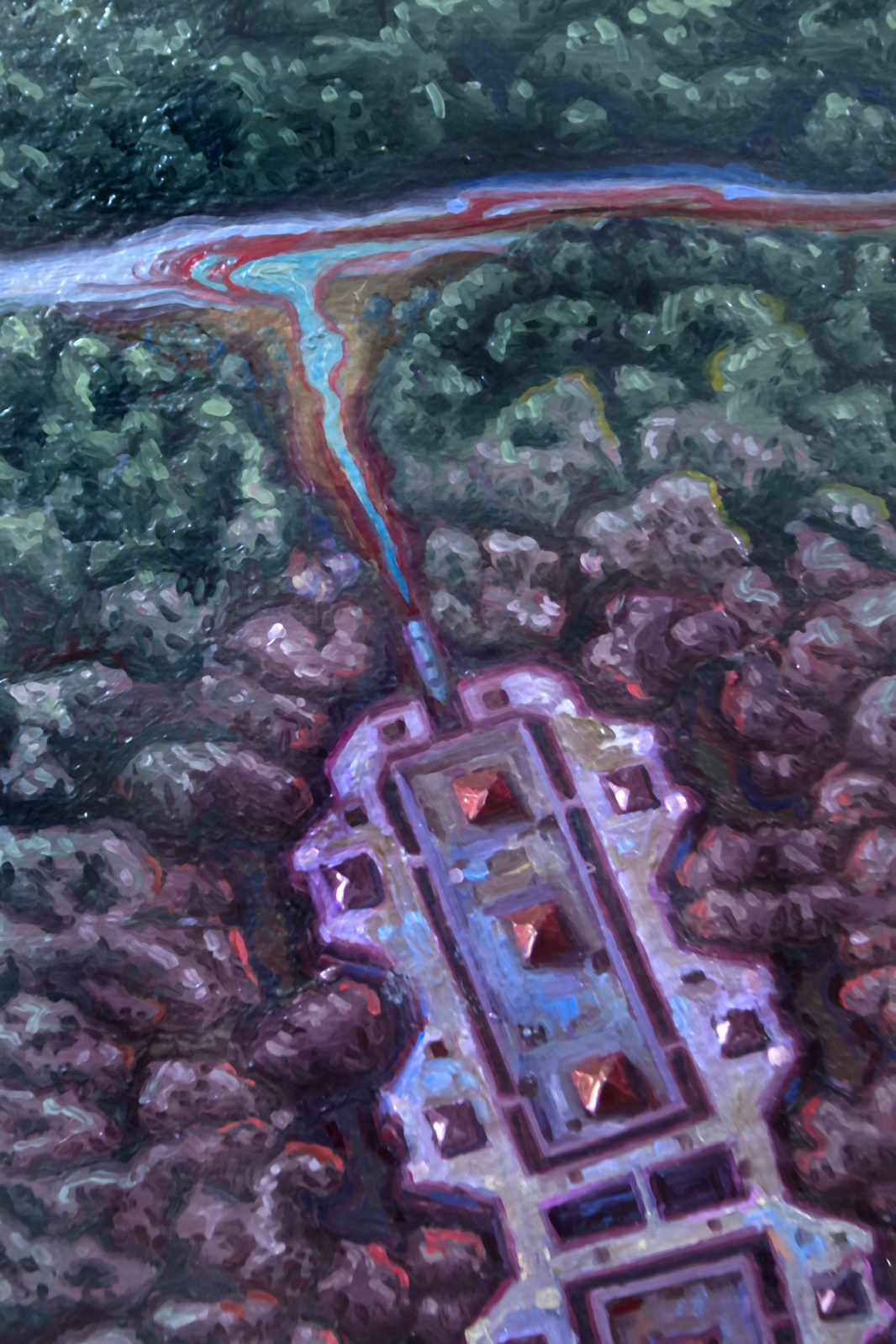 Aerial view of a factory as a biological, microscopic life form, sending toxins into a river