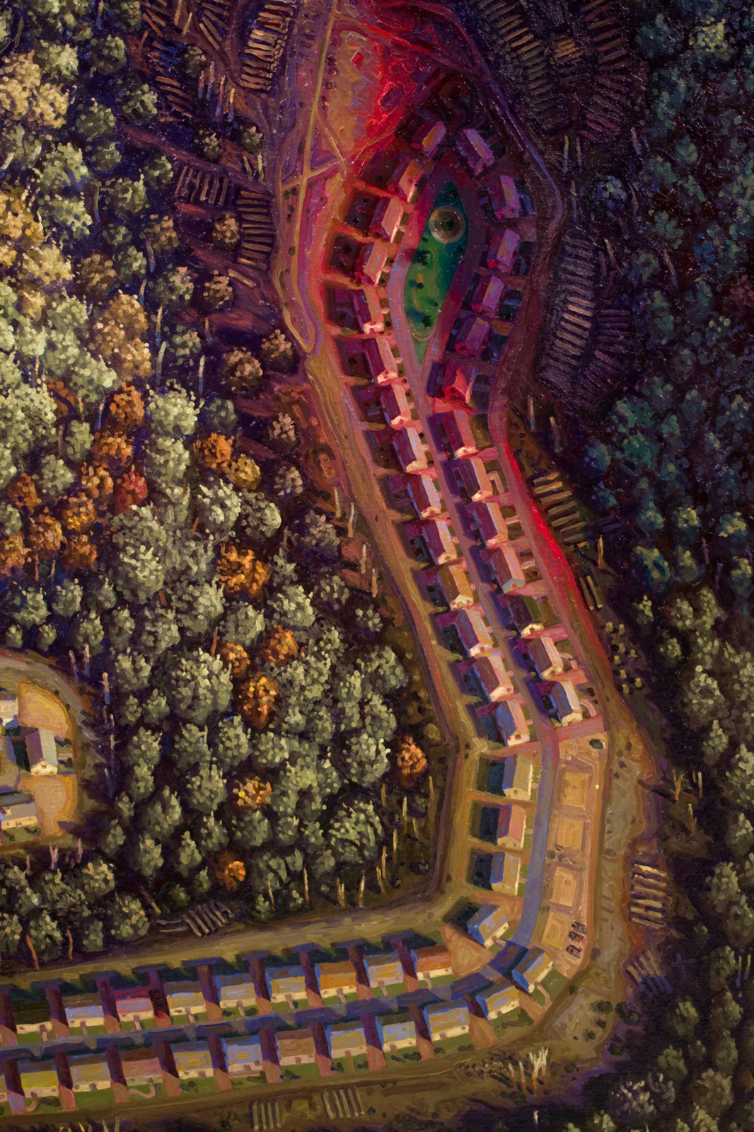 Aerial view of a tract house development and cul-de-sac.
