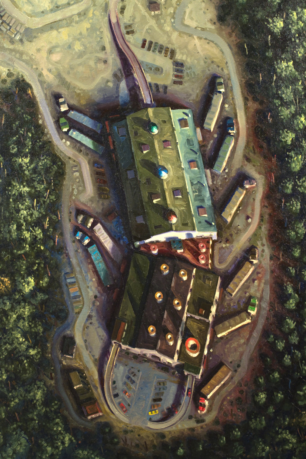 Aerial view of a factory with trucks pulled into loading docks, forming an insect-like image gnawing into a dense woodland, close-up view.