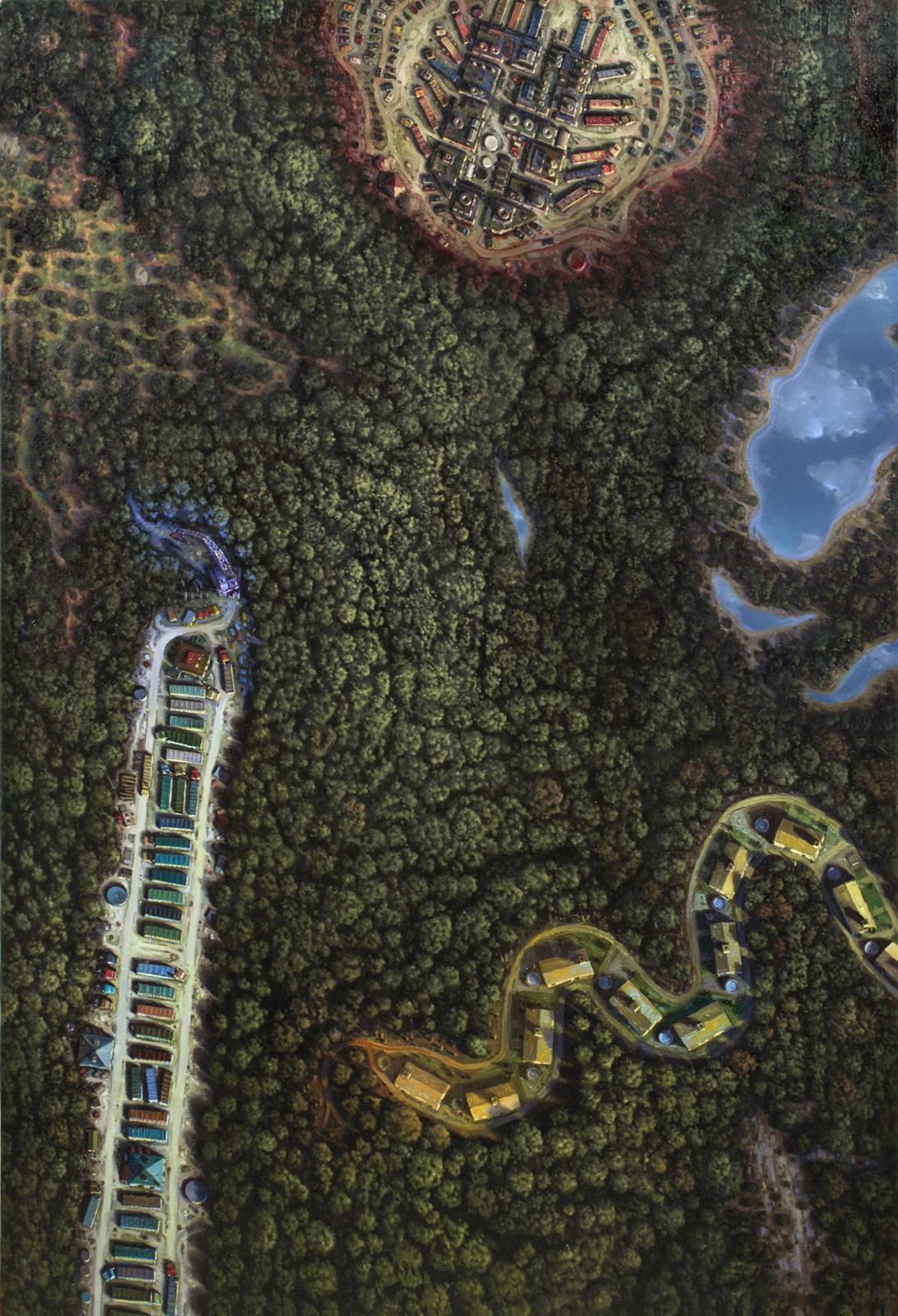 Aerial view of a dense forest invaded in 3 areas (red, yellow, blue) by an industrial park, tract house development, and a truck lot. A pristine lake reflects the sky.