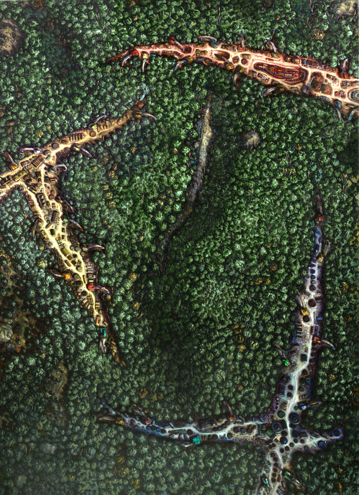 A dense forest penetrated in 3 areas (red, yellow and blue) by excavators, storage tanks, buildings.