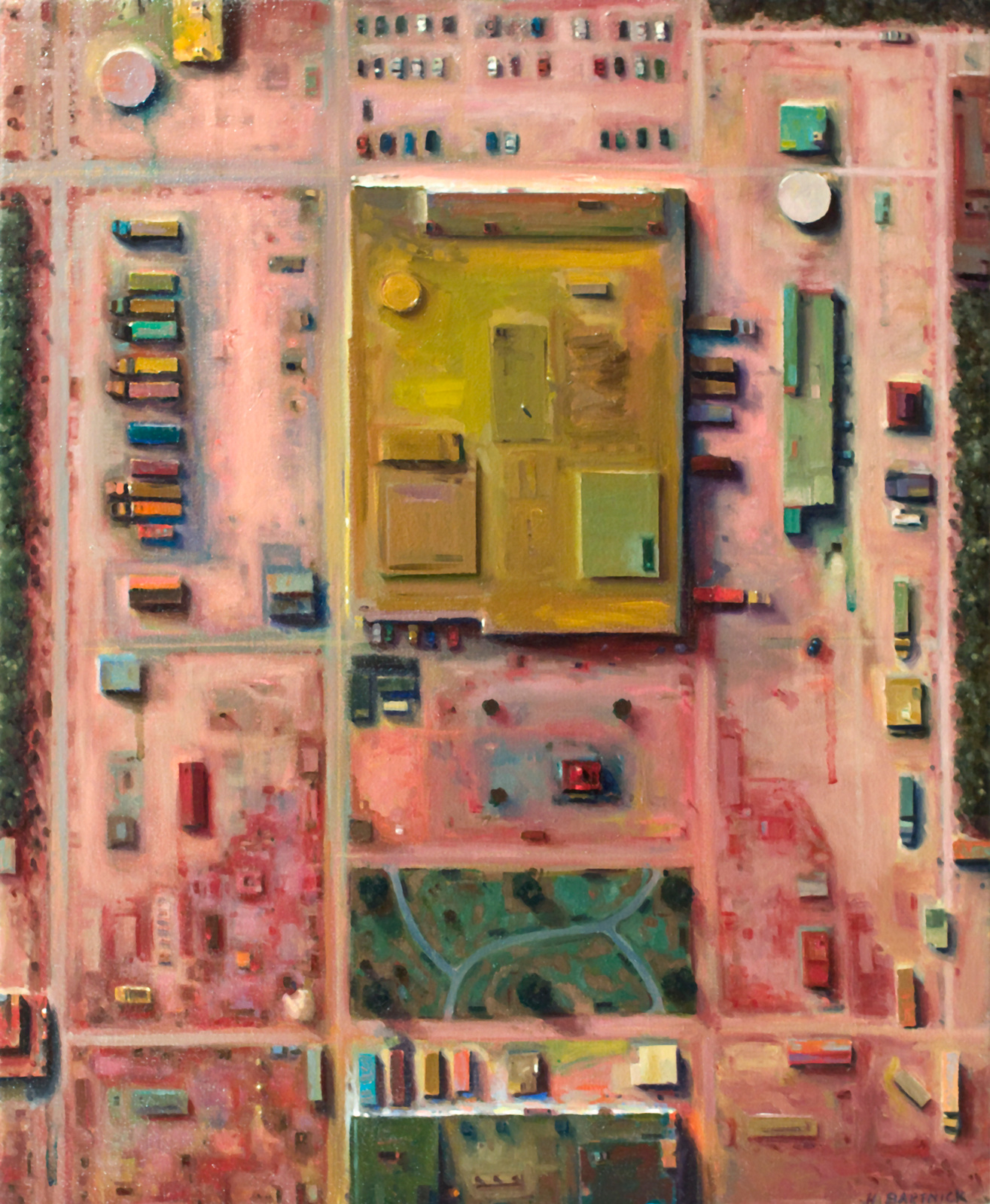 Aerial view of an industrial in a denuded and flesh-colored landscape.