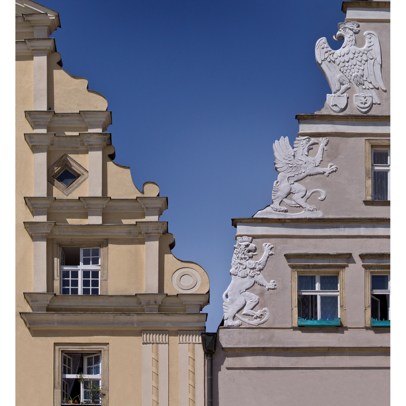 Graduated sky seen between adjacent Baroque gables, Wroclaw, Poland