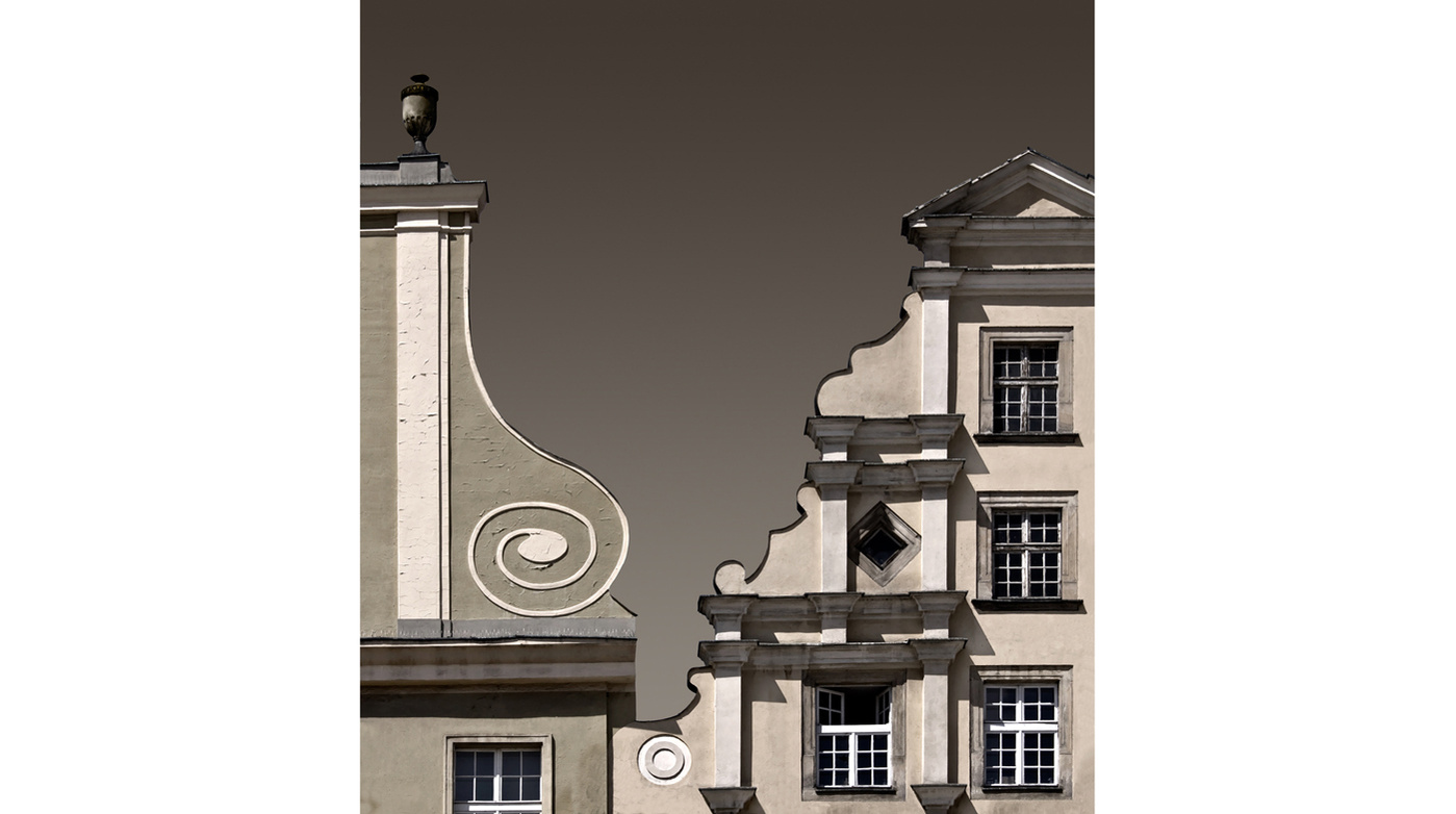 Graduated sky seen between adjacent Baroque gables, Wroclaw, Poland. Reduced color.