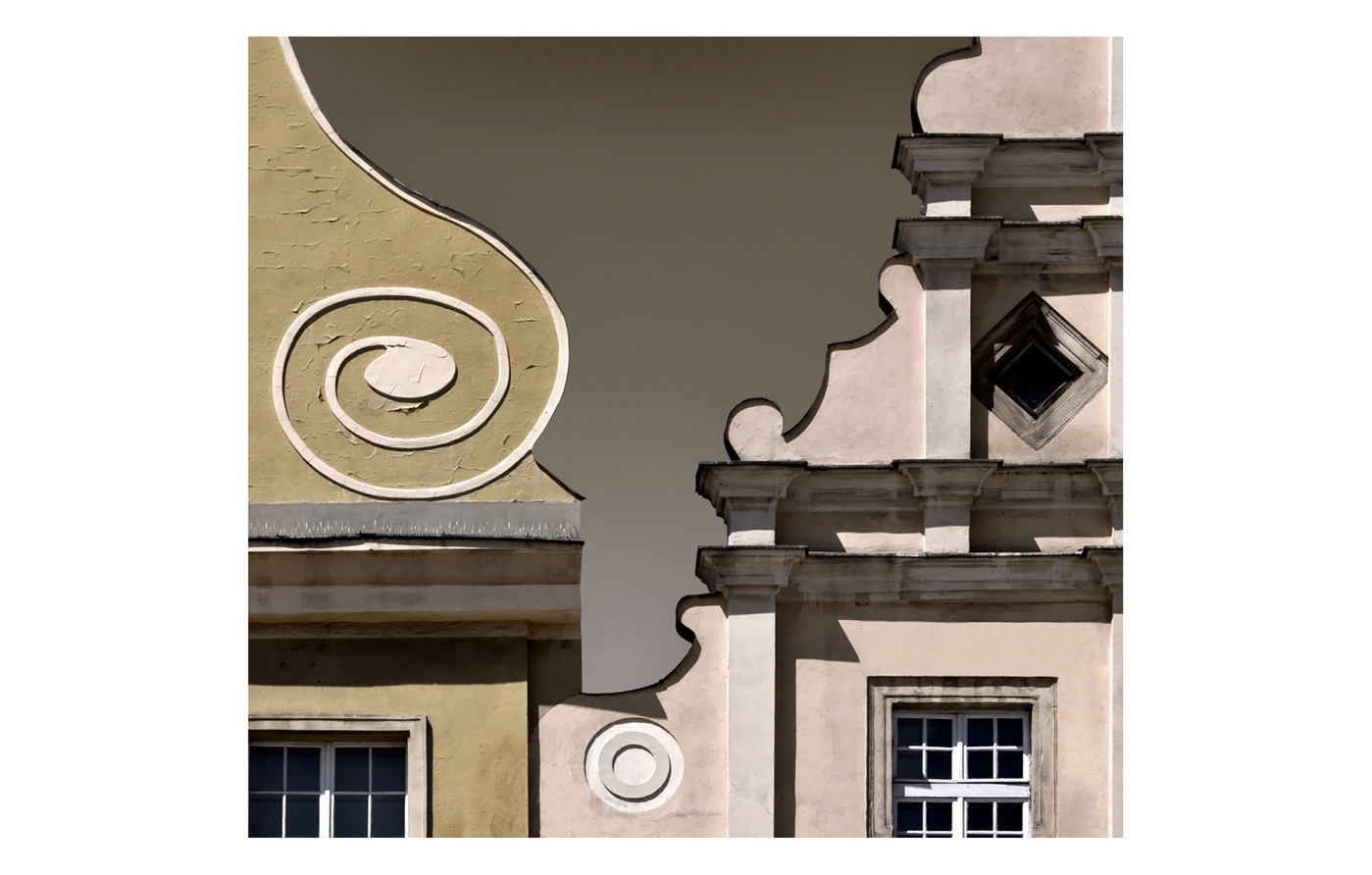 Graduated sky seen between adjacent Baroque gables, Wroclaw, Poland. Reduced color.