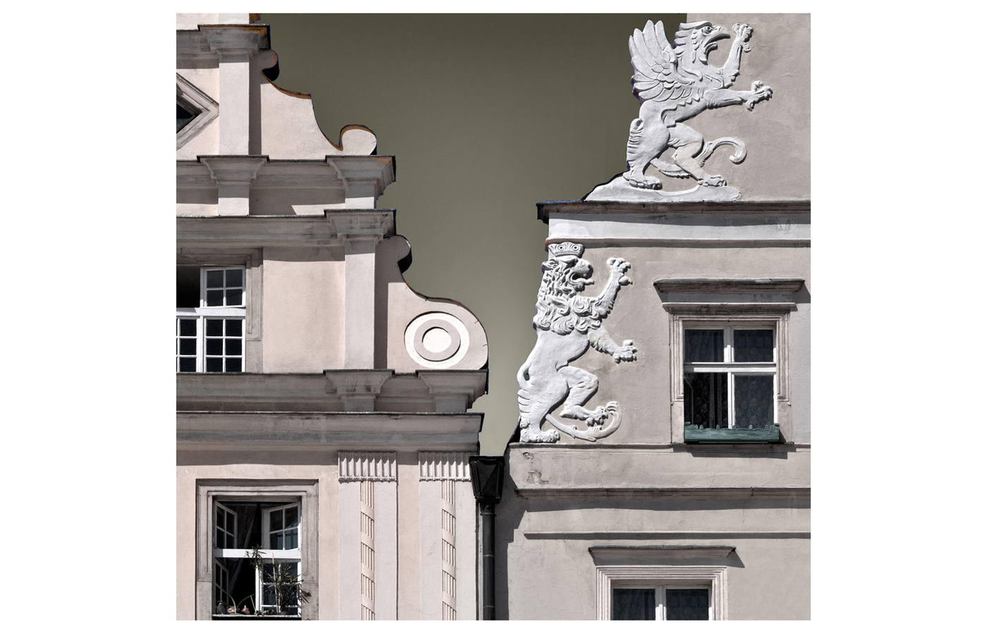 Graduated sky seen between adjacent Baroque gables, Wroclaw, Poland. Reduced color.