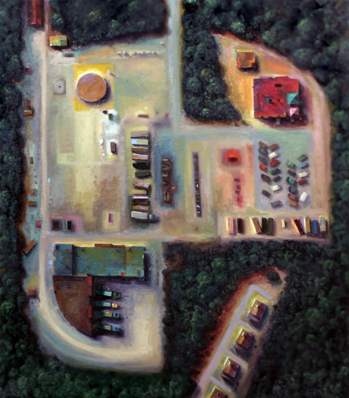 Aerial view of an industrial park and row of tract houses
