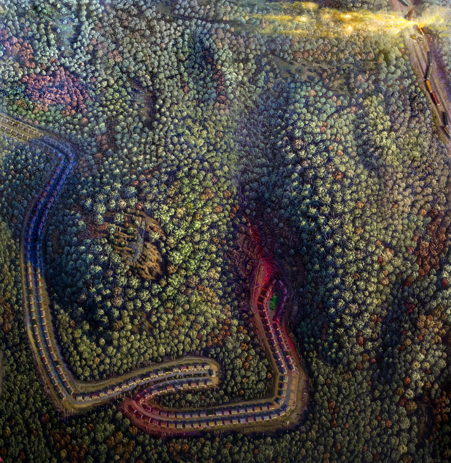 Aerial view of a tract house development slithering into a valley, its head (a cul-de-sec) turning towards a poison-spewing train wreck in the upper right.