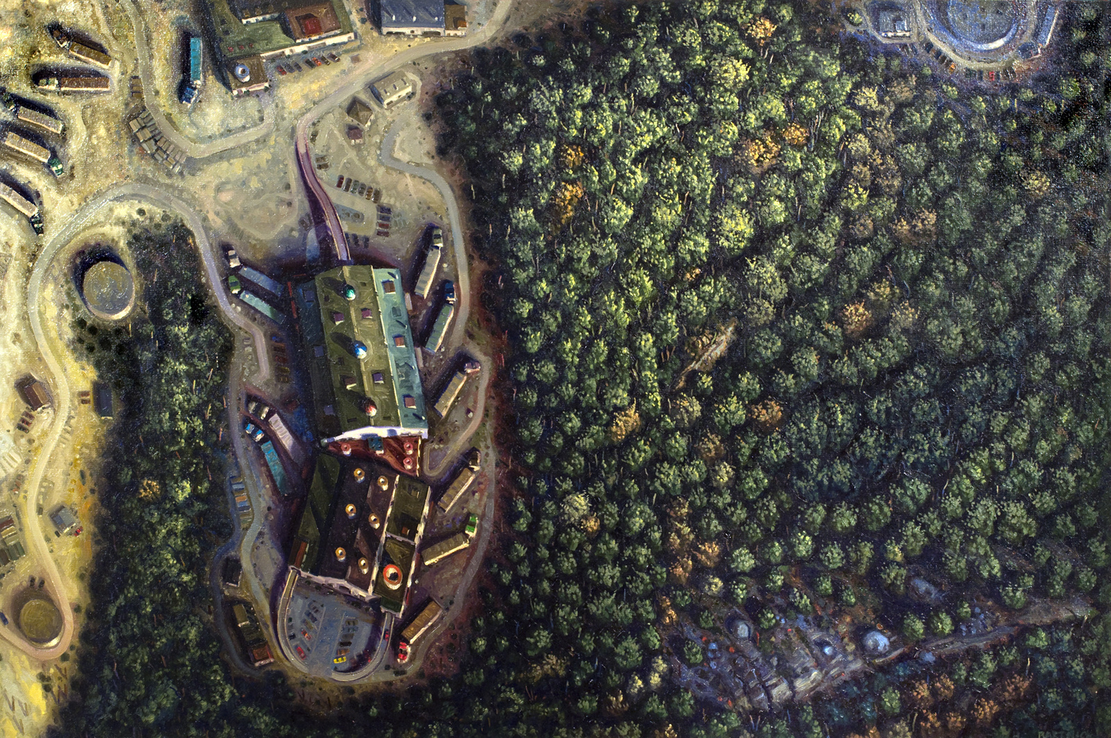 Aerial view of a factory with trucks pulled into loading docks, forming an insect-like image gnawing into a dense woodland.