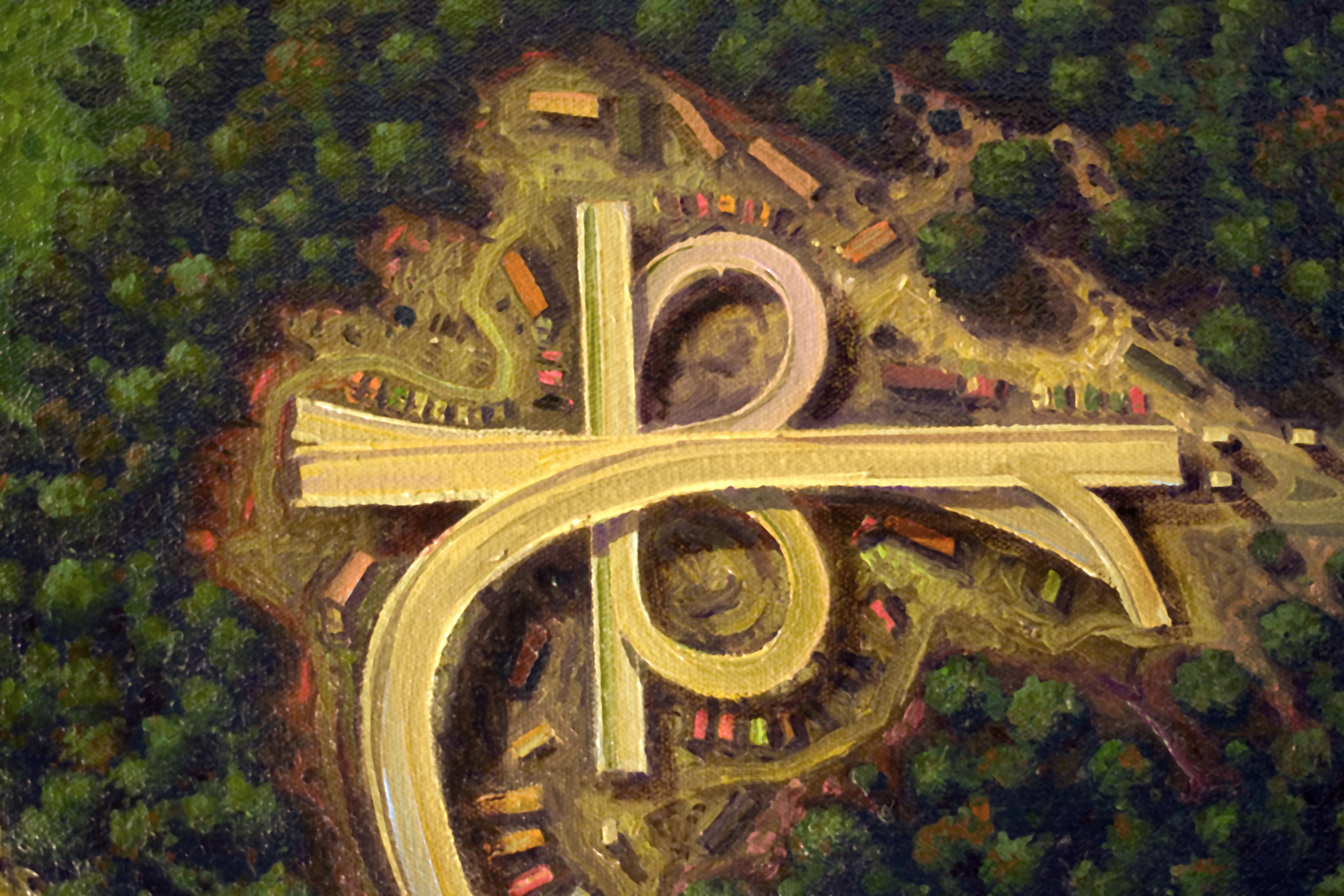 Aerial view of a tract house development imagined as a parasitic infestation.