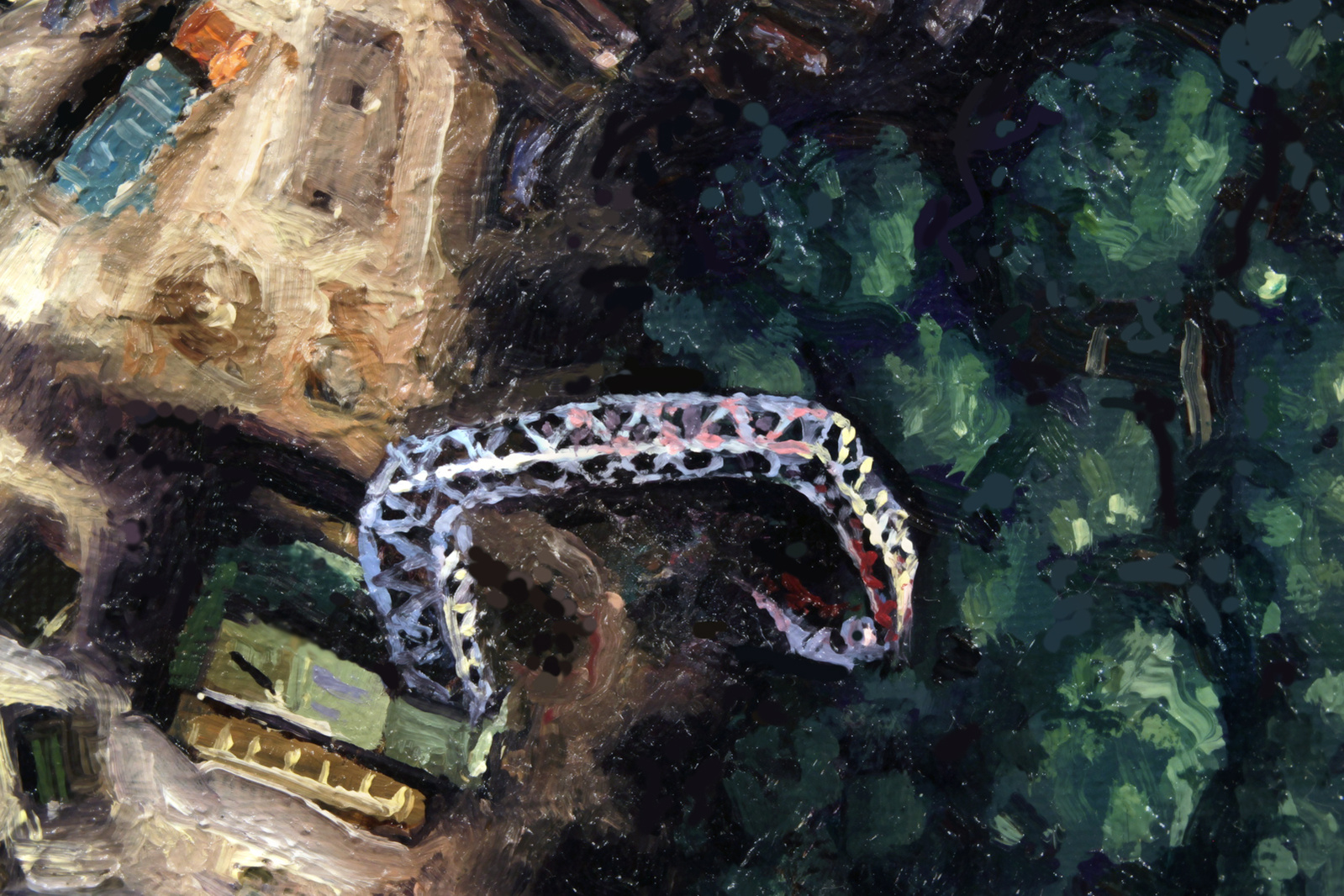 A dense forest penetrated in 3 areas (red, yellow and blue) by excavators, storage tanks, buildings.