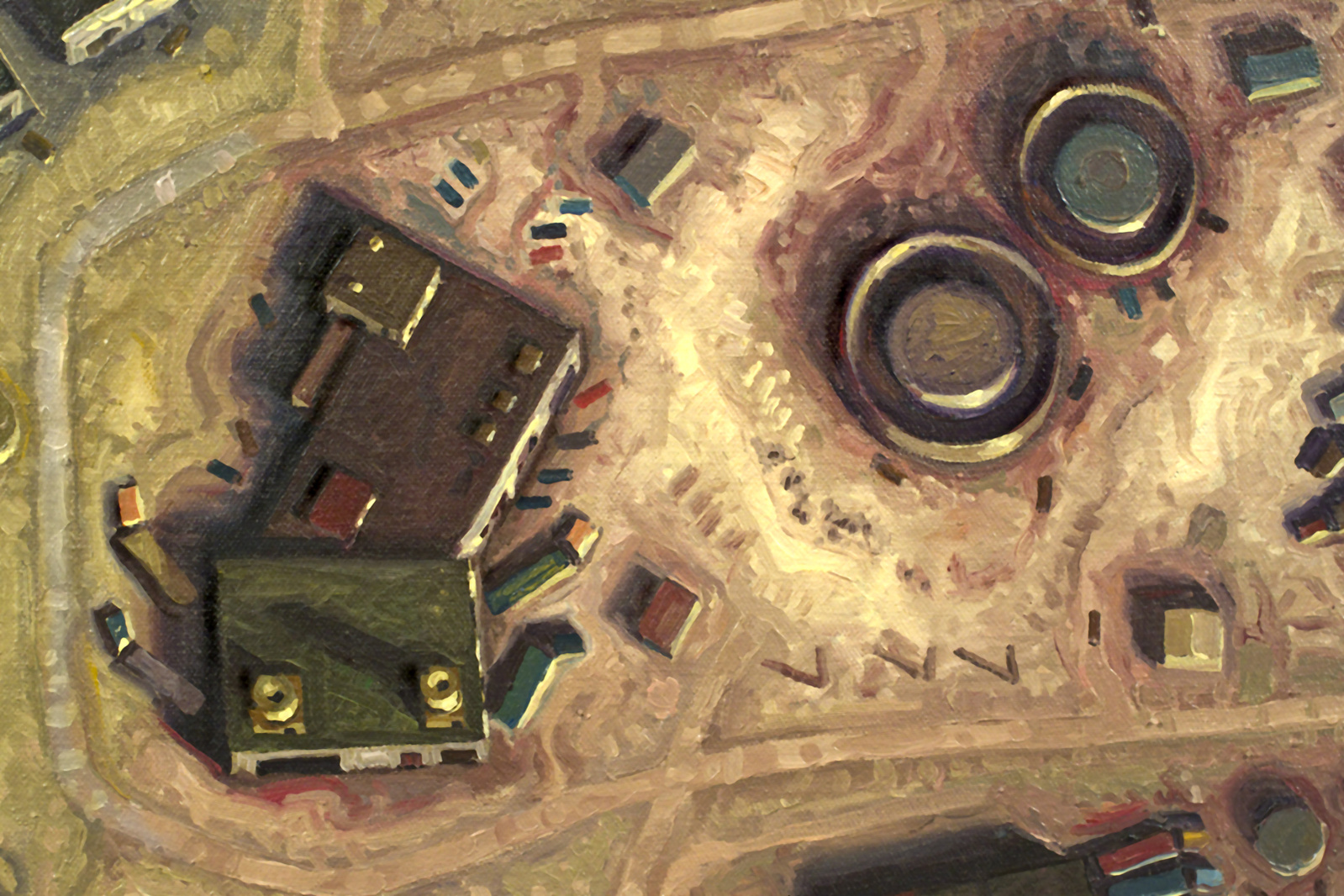 Aerial view of a factory envisioned as a bacterium.